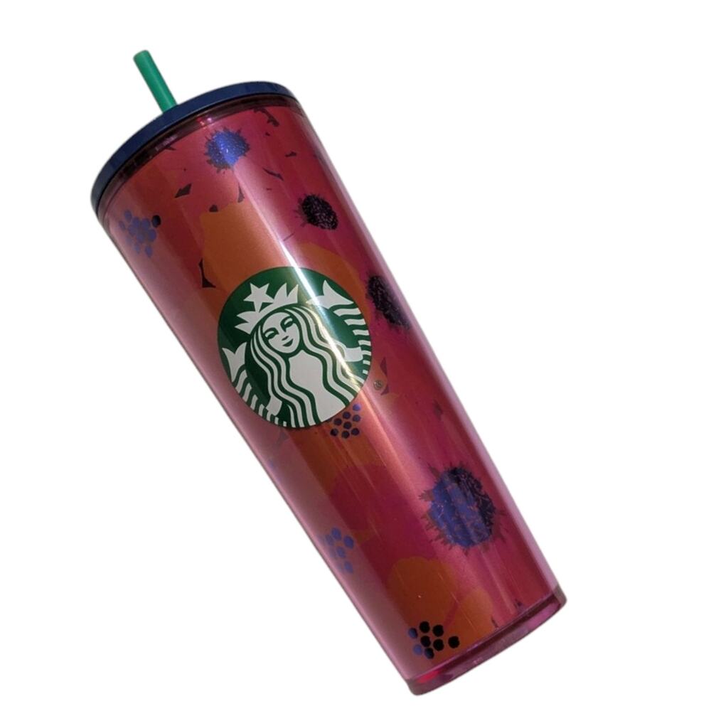 Starbucks Dancing Blooms Pink Floral Tumbler 24oz Blue Lid Green Straw NEW - Picture 1 of 7